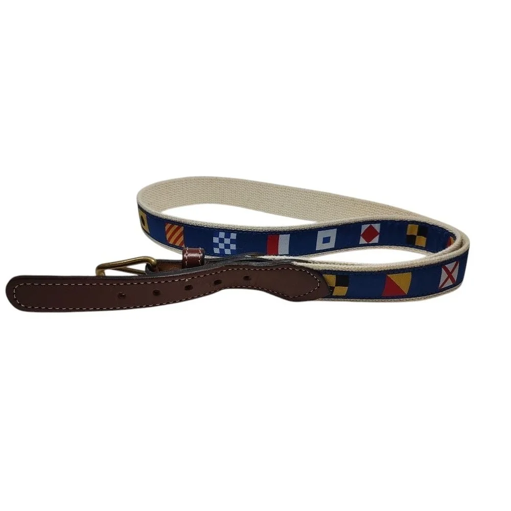Leather Web Belt Mens Size 44 Sailing Flags Theme Gold Tone Buckle‎ Nautical